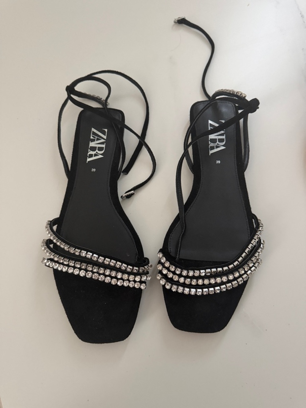 Zara Black Suede Lace-Up Sandals with Rhinestone Straps Size 39
